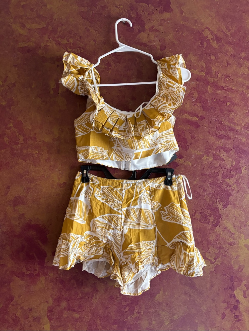 Fashion Nova Mustard Yellow Tropical Ruffle Two-Piece Set